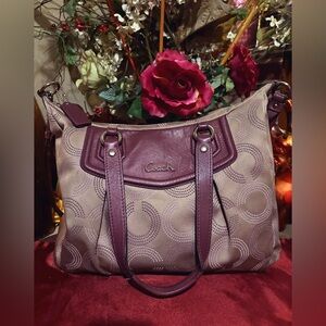 Coach Taupe Canvas Shoulder Bag with Plum Leather Trim